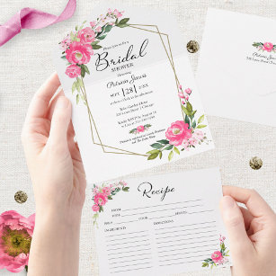 Hot-roze bridal Shower-uitnodiging met recept-kaar All In One Uitnodiging