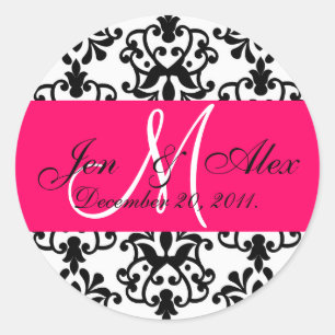 Hot roze bruiloft monogram namen datum paisley zeg ronde sticker