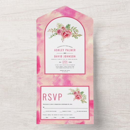 Hot-roze cactus bloemen, bladeren bloemtrouwerij all in one uitnodiging (Binnen)