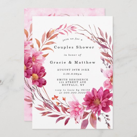 Hot-roze Chrysanthemum Couples Shower Invitations (Voorkant / Achterkant)