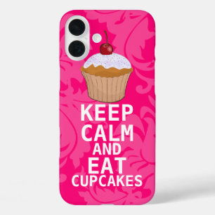 Hot-roze Damask KEEP CALT- EN Eet Cupcakes iPhone 16 Plus Hoesje