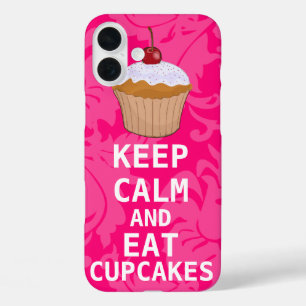 Hot-roze Damask KEEP CALT- EN Eet Cupcakes iPhone 16 Plus Hoesje