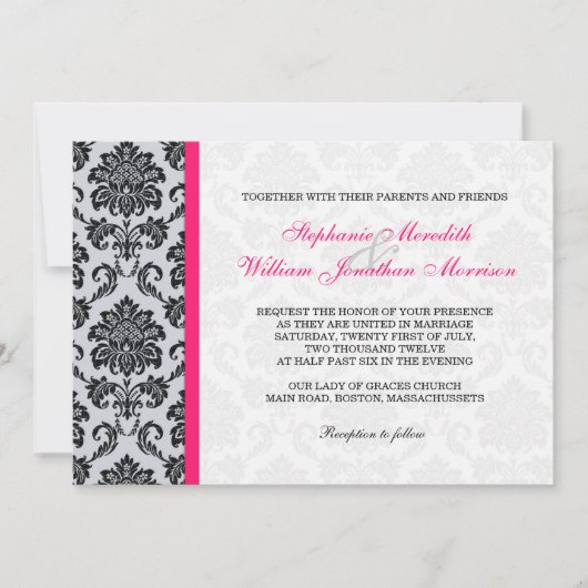 Hot-roze Damask Monogram Uitnodiging (Voorkant)