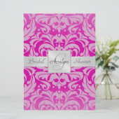 Hot-roze Damask Vrijgezellenfeest Monogram Uitnodi Kaart (Staand voorkant)