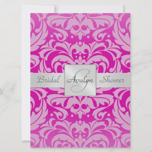 Hot-roze Damask Vrijgezellenfeest Monogram Uitnodi Kaart (Voorkant)