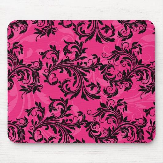 Hot-roze en Black Leafy Scrolls Mousepad Muismat (Voorkant)