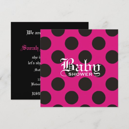 Hot-roze en Black Polka Dot Baby Uitnodiging (Voorkant / Achterkant)