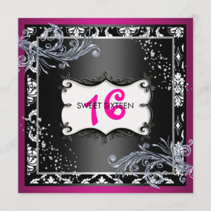 Hot-roze en Black Sweet Sixteen-uitnodiging Kaart