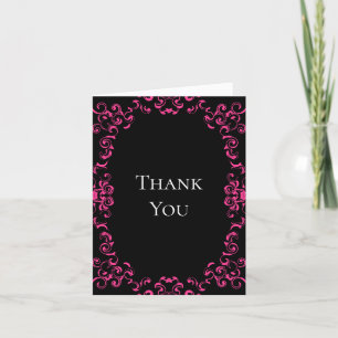 Hot-roze en Black Swirl Gothic Wedding Bedankkaart