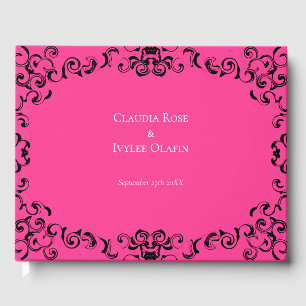 Hot-roze en Black Swirl Gothic Wedding Gastenboek