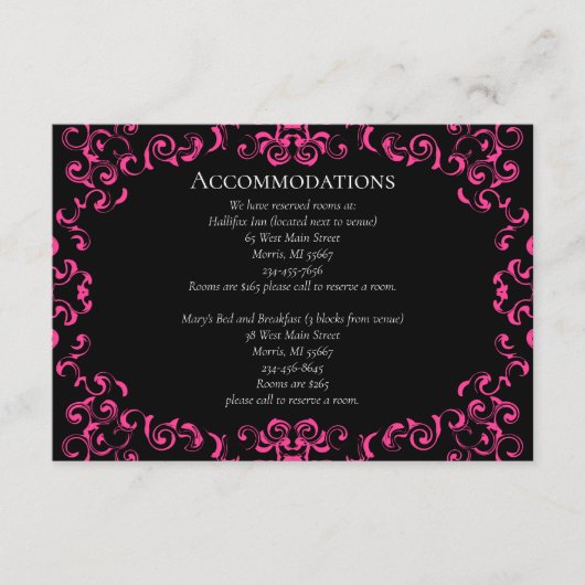 Hot-roze en Black Swirl Gothic Wedding Informatiekaartje (Voorkant)