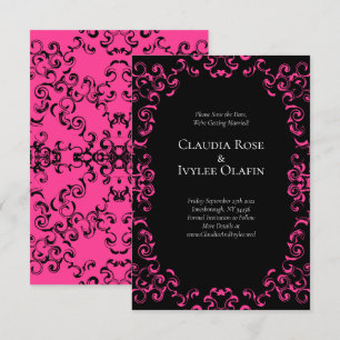 Hot-roze en Black Swirl Gothic Wedding Kaart