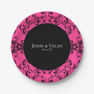 Hot-roze en Black Swirl Gothic Wedding Papieren Bordje
