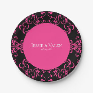 Hot-roze en Black Swirl Gothic Wedding Papieren Bordje