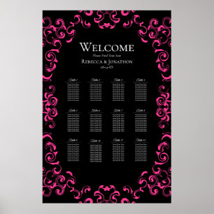 Hot-roze en Black Swirl Gothic Wedding Poster