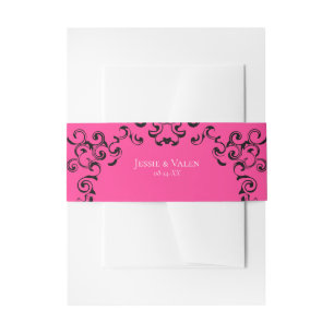 Hot-roze en Black Swirl Gothic Wedding Uitnodigingen Wikkel