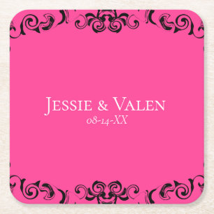 Hot-roze en Black Swirl Gothic Wedding Vierkante Kartonnen Onderzetter