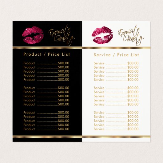 Hot-roze en Gold Lip-prijs en servicelijst Visitekaartjes (Binnenkant ongevouwen)