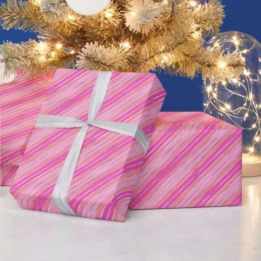 Hot-roze en Gold Stripes Cadeaupapier (Feestdagen)