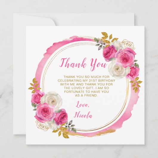 Hot Roze en Goud Elegante Bloemen Verjaardagsfeest Bedankkaart (Voorkant)