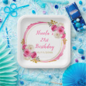 Hot Roze en Goud Elegante Bloemen Verjaardagsfeest Papieren Bordje (Feest)