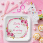 Hot Roze en Goud Elegante Bloemen Verjaardagsfeest Papieren Bordje (Feest)