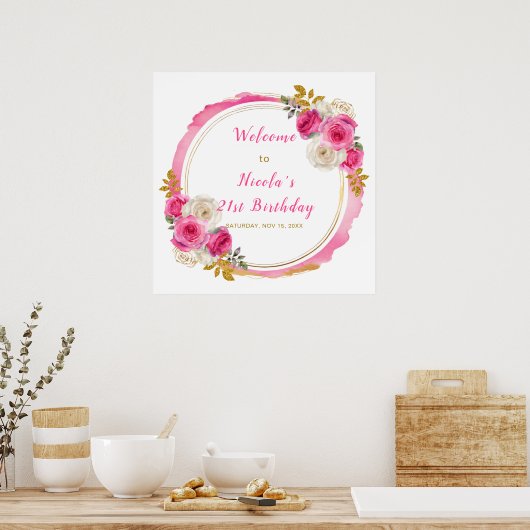 Hot Roze en Goud Elegante Bloemen Verjaardagsfeest Poster (Keuken)