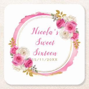 Hot Roze en Gouden Elegante Bloemen Sweet Sixteen Vierkante Kartonnen Onderzetter