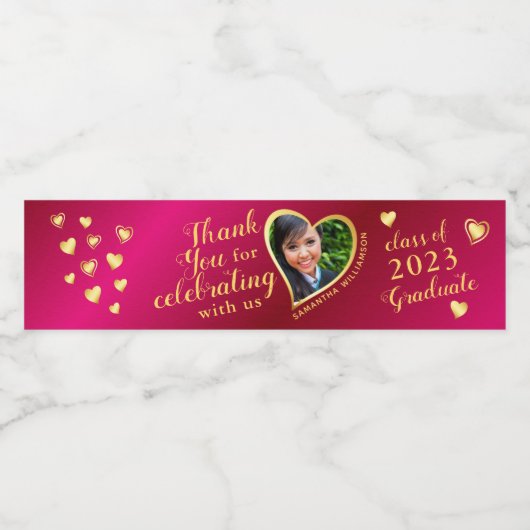 Hot Roze en Gouden Foto Bedankt 2025 Afstuderen Waterfles Etiket (Enkel label)