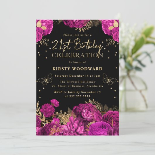 Hot roze en gouden Rozen Bloemen 21e Verjaardag Kaart (Staand voorkant)