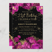 Hot roze en gouden Rozen Bloemen 21e Verjaardag Kaart (Voorkant / Achterkant)