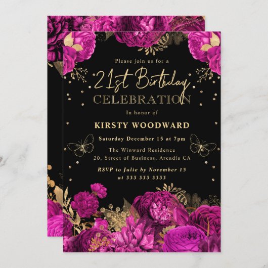 Hot roze en gouden Rozen Bloemen 21e Verjaardag Kaart (Voorkant / Achterkant)