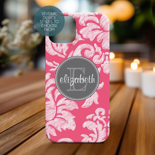 Hot-Roze en grijs Chalkboard Damask met Monogram Case-Mate iPhone Case