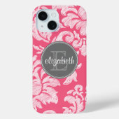 Hot-Roze en grijs Chalkboard Damask met Monogram Case-Mate iPhone Case (Achterkant)