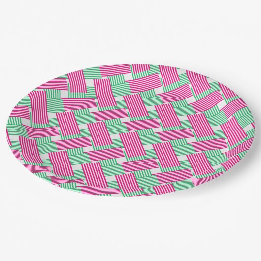 Hot-roze en groene strepen papieren bordje (Gekanteld)