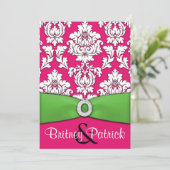 Hot-roze en Lime Green Damask Wedding-uitnodiginge Kaart (Staand voorkant)