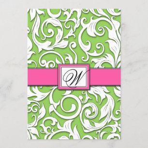 Hot-roze en Lime Green Damask Wedding-uitnodiginge Kaart