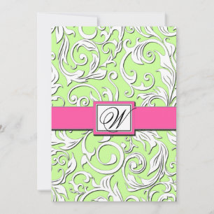 Hot-roze en Lime Green Damask Wedding-uitnodiginge Kaart