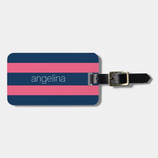 Hot-roze en moderne marinerougby-strips met naam bagagelabel (Voorkant horizontaal)