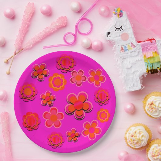 Hot-roze en Oranje bloemen Papieren Bordje (Feest)