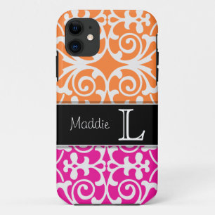 Hot-roze en Oranje Damask Monogram iPhone 5 11 Hoesje