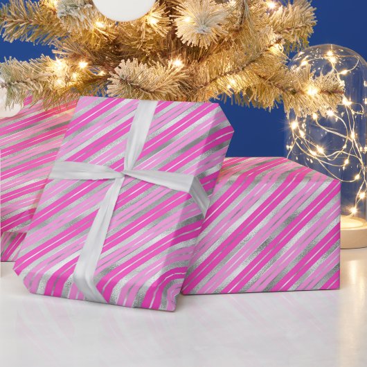 Hot-roze en Silver Stripes Cadeaupapier (Feestdagen)