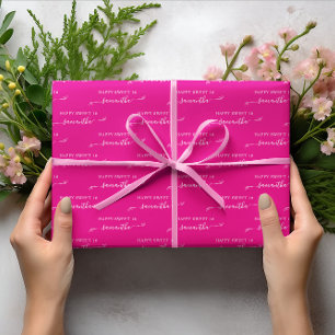 Hot Roze en Wit Happy Sweet 16 Schattige Bow Naam Inpakpapier Vel