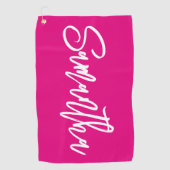Hot roze en wit penseelscript golfhanddoek (Voorkant)