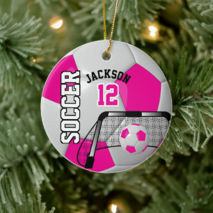Hot-roze en wit Voetbal Keramisch Ornament