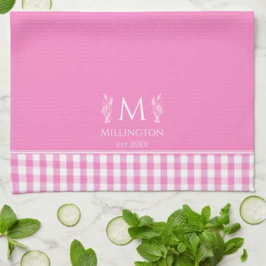 Hot Roze en Witte Gingham Aangepaste Naam Monogram Theedoek (Gevouwen)