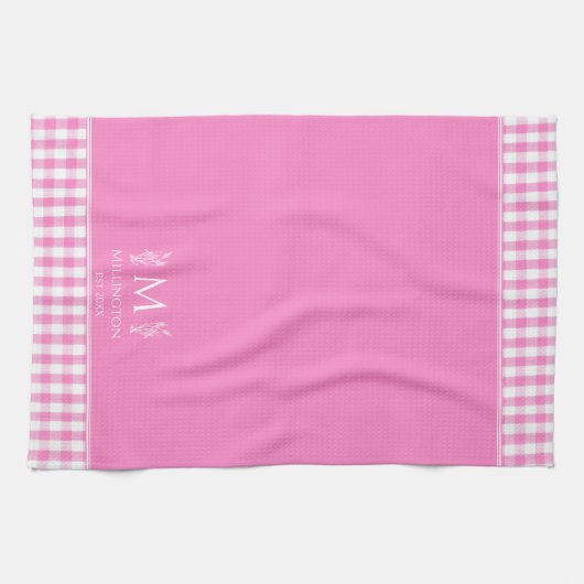 Hot Roze en Witte Gingham Aangepaste Naam Monogram Theedoek (Horizontaal)