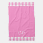 Hot Roze en Witte Gingham Aangepaste Naam Monogram Theedoek (Verticaal)