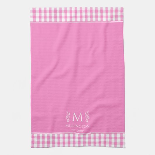 Hot Roze en Witte Gingham Aangepaste Naam Monogram Theedoek (Verticaal)