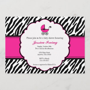 Hot-roze en Zebra Print Baby shower Invitation Kaart